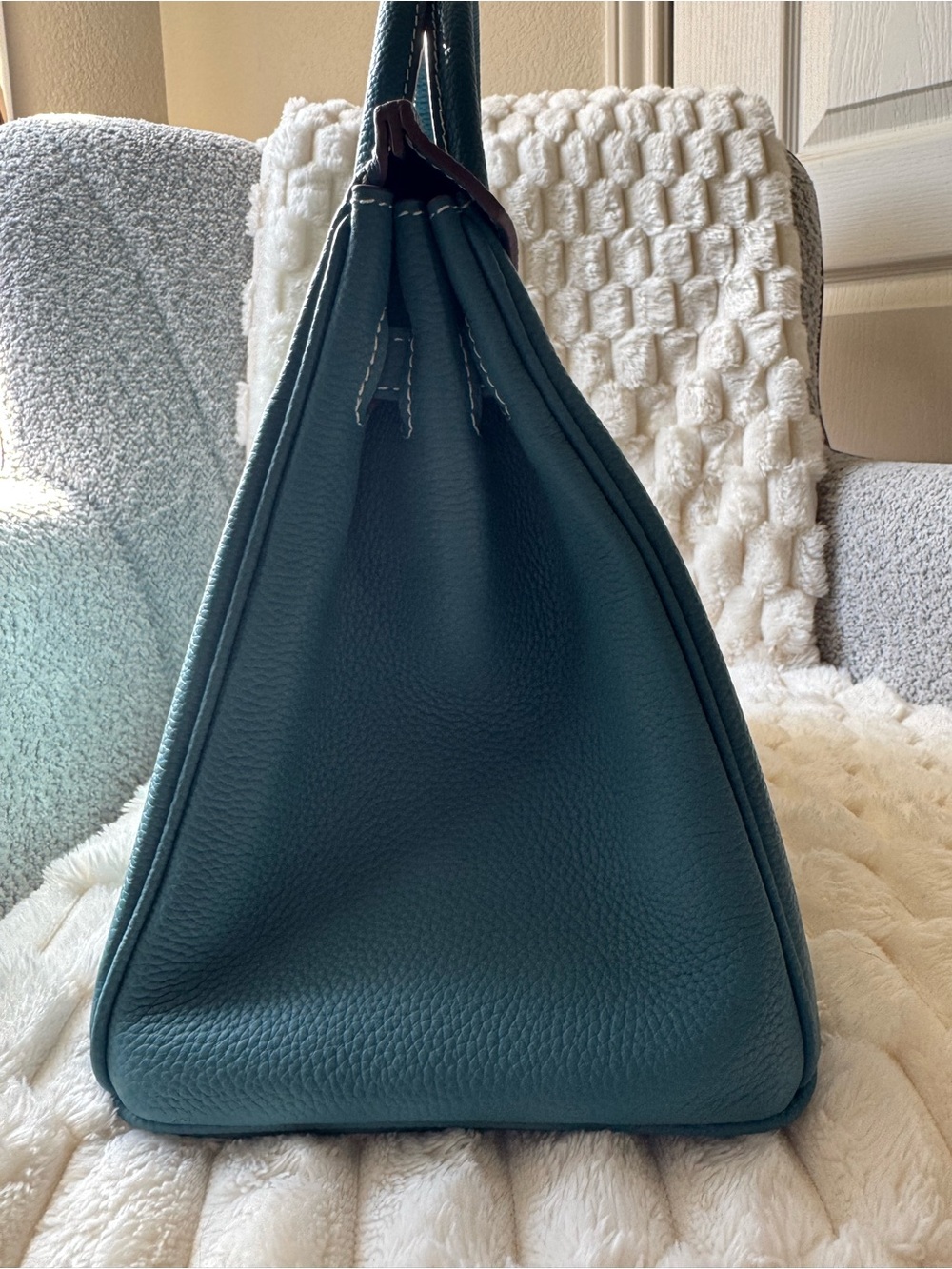 30 cm Elegant Teal Leather Top-Handle Bag - Picture 3 of 8
